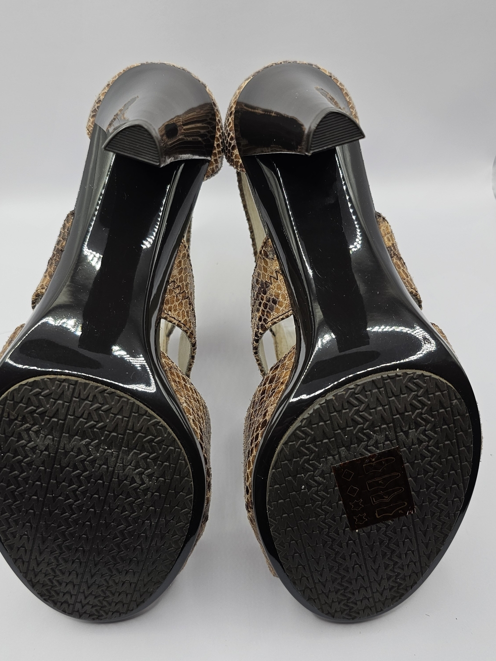 Michael Kors Brown Leather Snake-Print Zip-Front Heeled Sandals Sz 9 - Picture 5 of 6